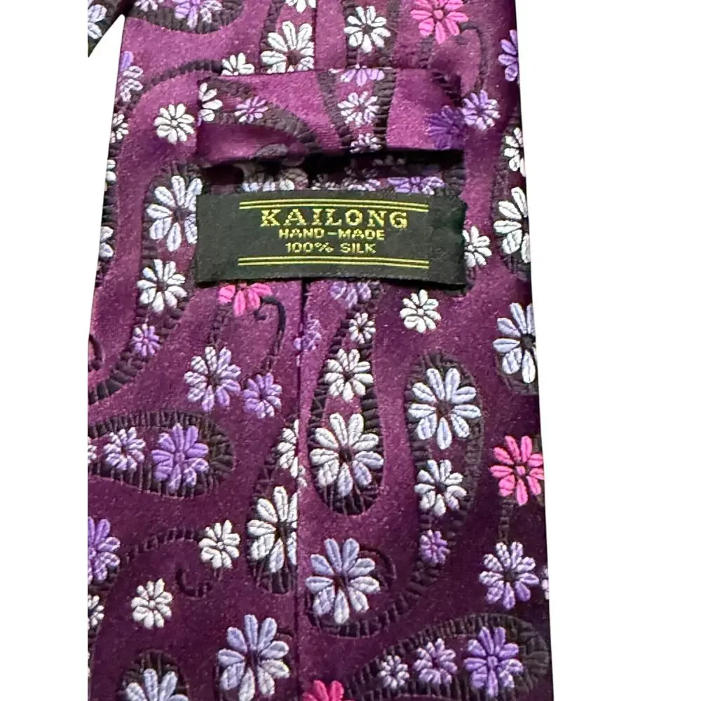Kailong Mens Silk Necktie Purple Floral Daisy Pattern Hand Made 100% Silk
